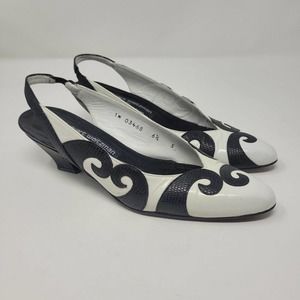 Vintage Stuart Weitzman Kitten Heel Slingback - Womens 6.5 Black White Leather